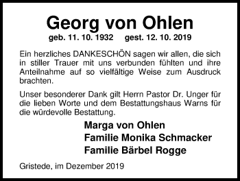Traueranzeige von Georg von Ohlen von Nordwest-Zeitung