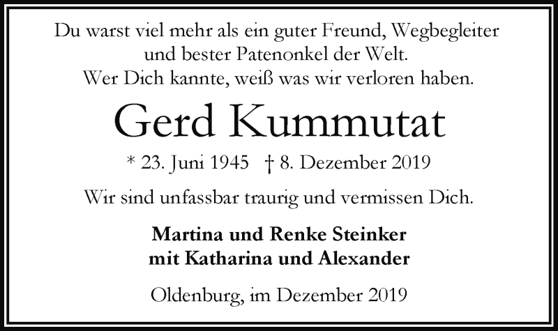  Traueranzeige für Gerd Kummutat vom 13.12.2019 aus Nordwest-Zeitung