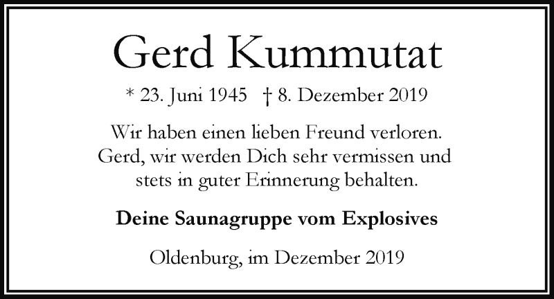  Traueranzeige für Gerd Kummutat vom 13.12.2019 aus Nordwest-Zeitung