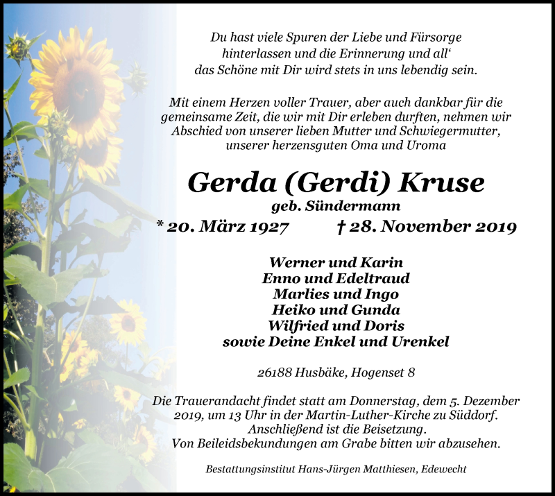  Traueranzeige für Gerda Kruse vom 02.12.2019 aus Nordwest-Zeitung