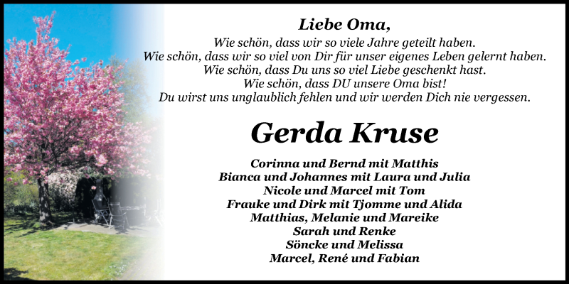  Traueranzeige für Gerda Kruse vom 02.12.2019 aus Nordwest-Zeitung