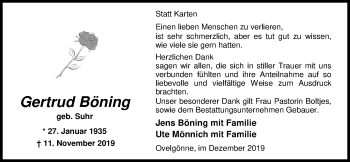 Traueranzeige von Gertrud Böning von Nordwest-Zeitung