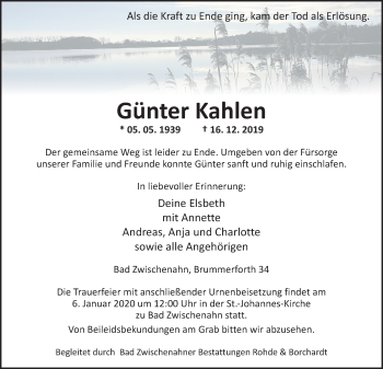 Traueranzeige von Günter Kahlen von Nordwest-Zeitung