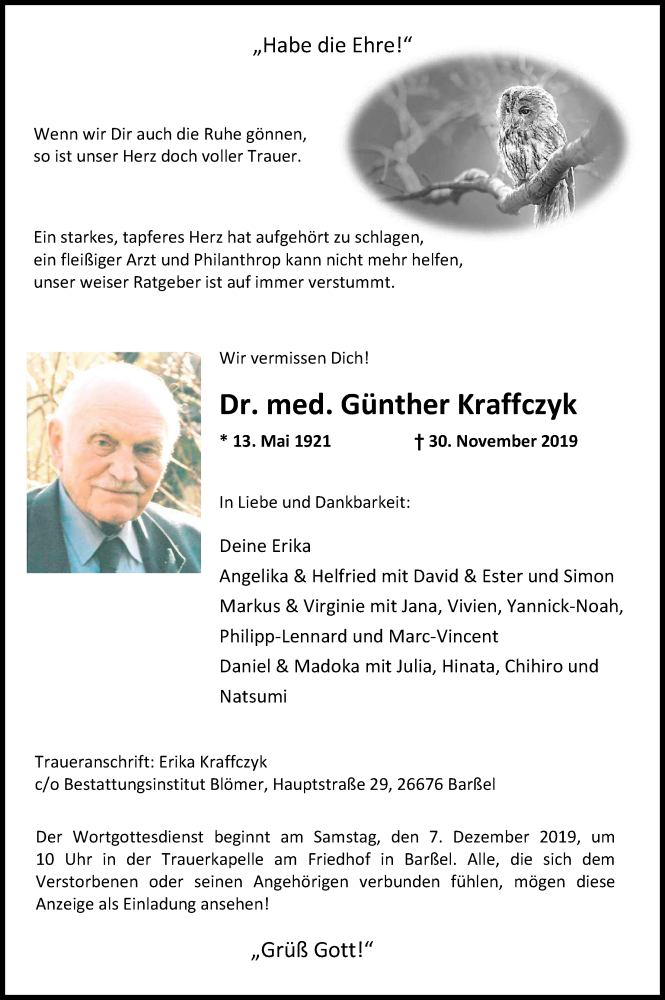  Traueranzeige für Günther Dr. med. Kraffczyk vom 04.12.2019 aus Nordwest-Zeitung
