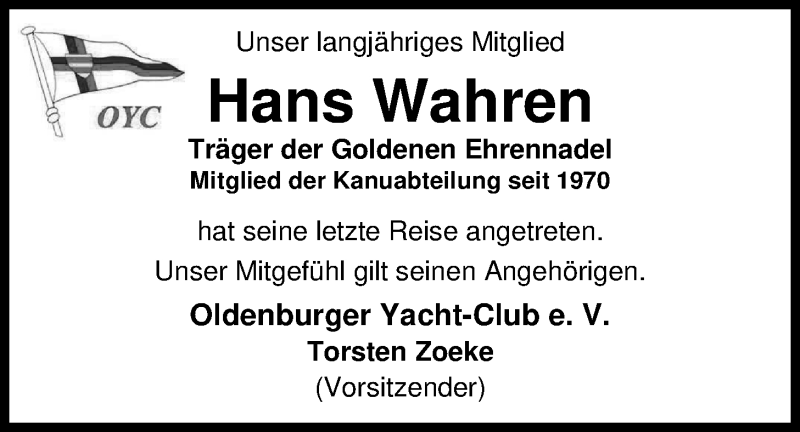 Traueranzeige für Hans-Georg Wahren vom 21.12.2019 aus Nordwest-Zeitung