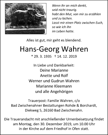 Traueranzeige von Hans-Georg Wahren von Nordwest-Zeitung