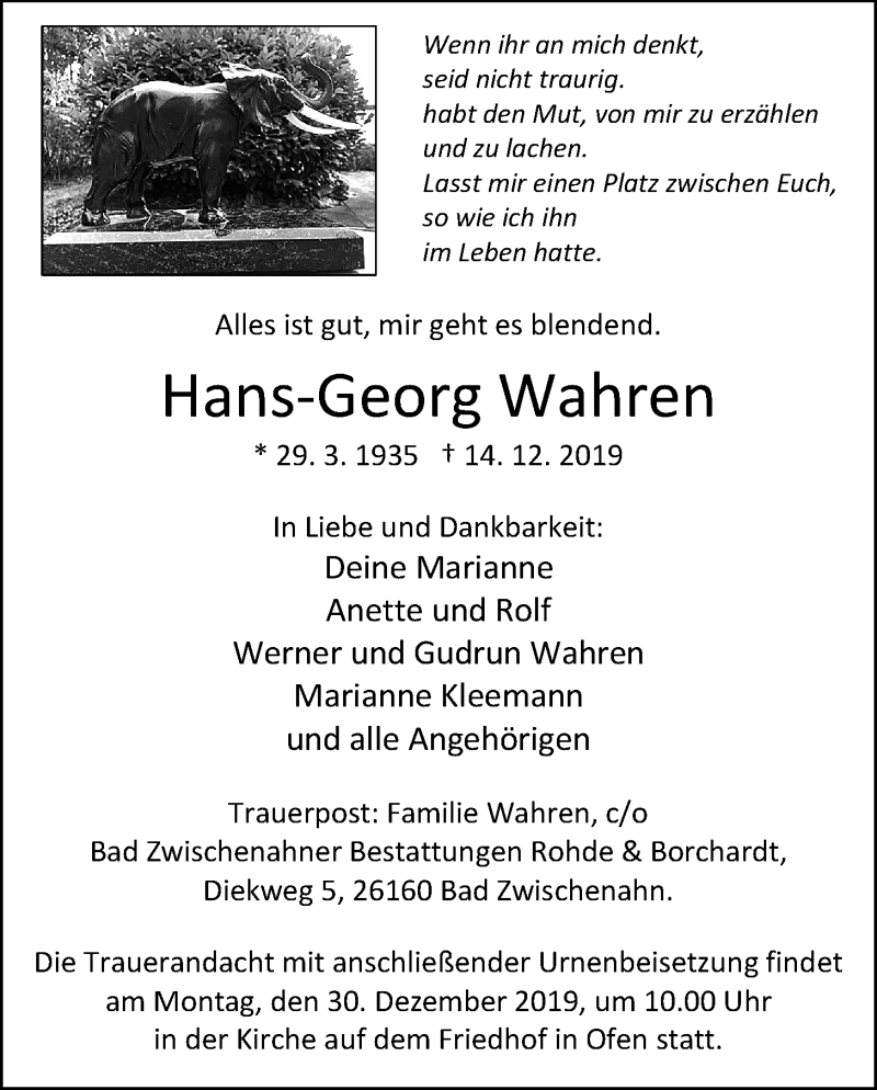  Traueranzeige für Hans-Georg Wahren vom 21.12.2019 aus Nordwest-Zeitung
