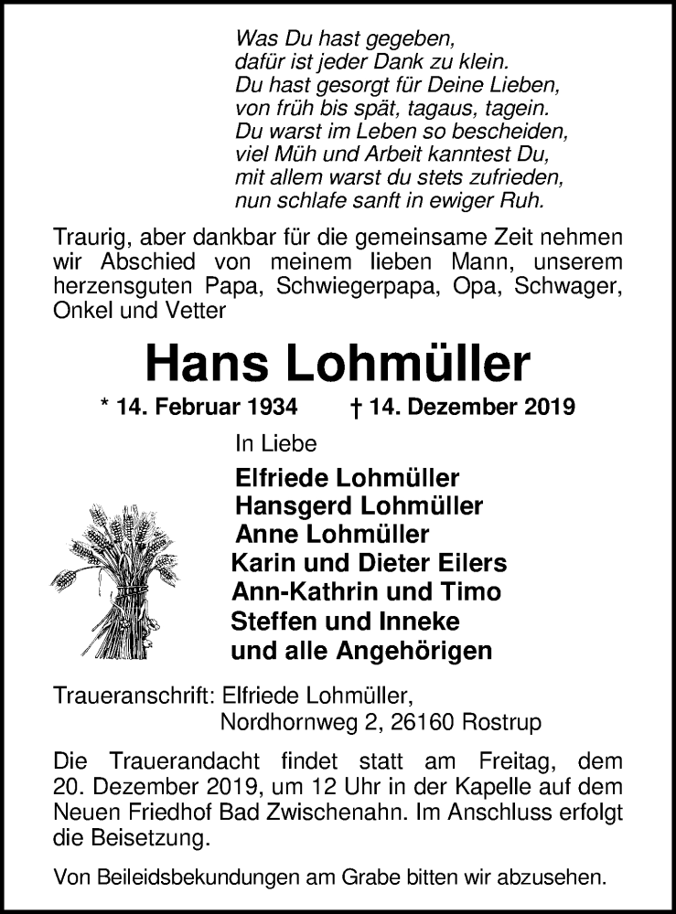  Traueranzeige für Hans Lohmüller vom 17.12.2019 aus Nordwest-Zeitung