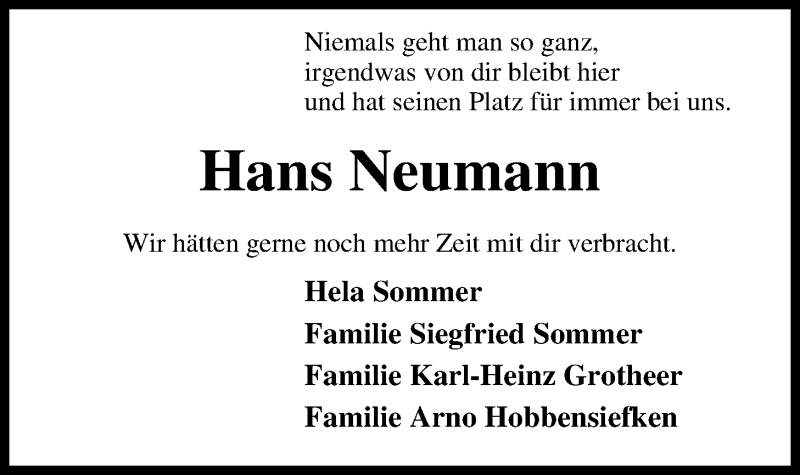  Traueranzeige für Hans Neumann vom 30.12.2019 aus Nordwest-Zeitung