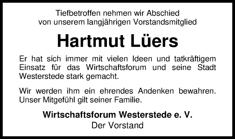  Traueranzeige für Hartmut Lüers vom 17.12.2019 aus Nordwest-Zeitung