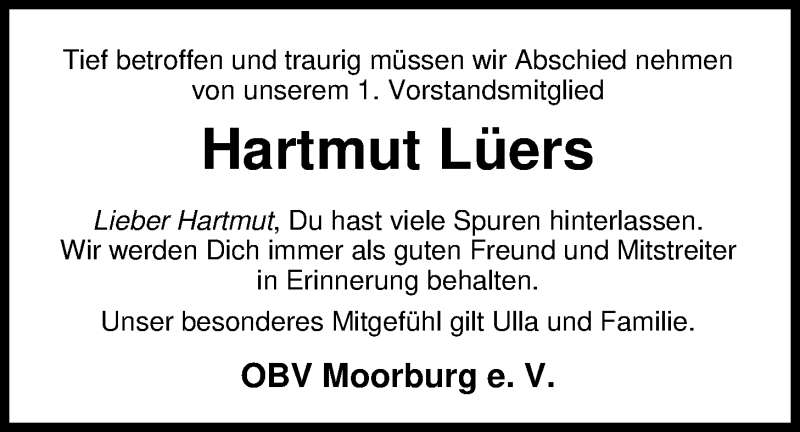  Traueranzeige für Hartmut Lüers vom 17.12.2019 aus Nordwest-Zeitung