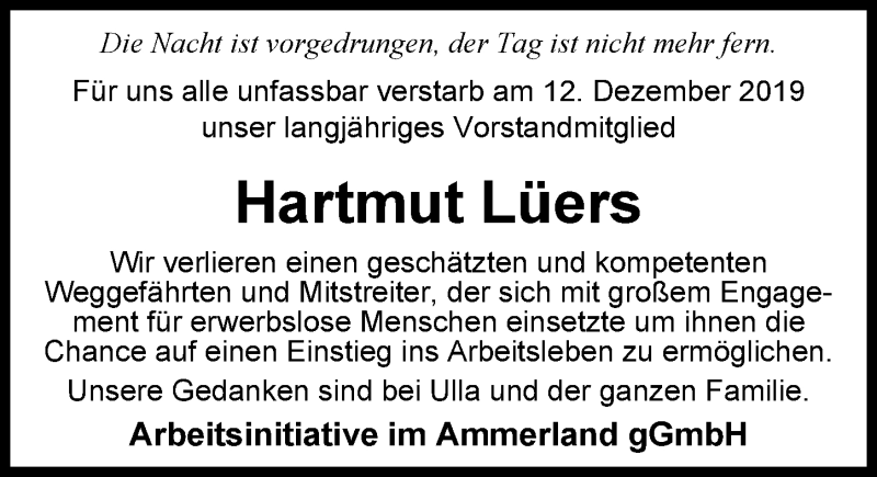  Traueranzeige für Hartmut Lüers vom 18.12.2019 aus Nordwest-Zeitung