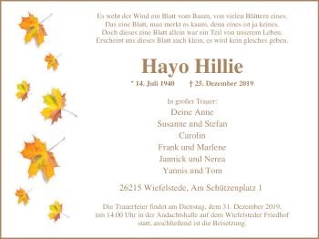 Traueranzeige von Hayo Hillie von Nordwest-Zeitung