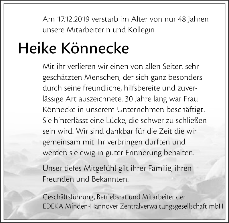  Traueranzeige für Heike Könnecke vom 21.12.2019 aus Nordwest-Zeitung