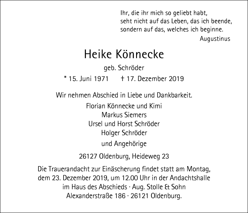  Traueranzeige für Heike Könnecke vom 20.12.2019 aus Nordwest-Zeitung