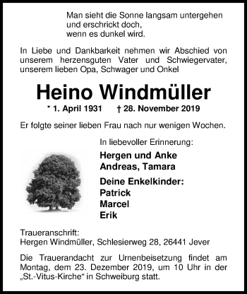 Traueranzeige von Heino Windmüller von Nordwest-Zeitung