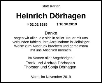 Traueranzeige von Heinrich Dörhagen von Nordwest-Zeitung