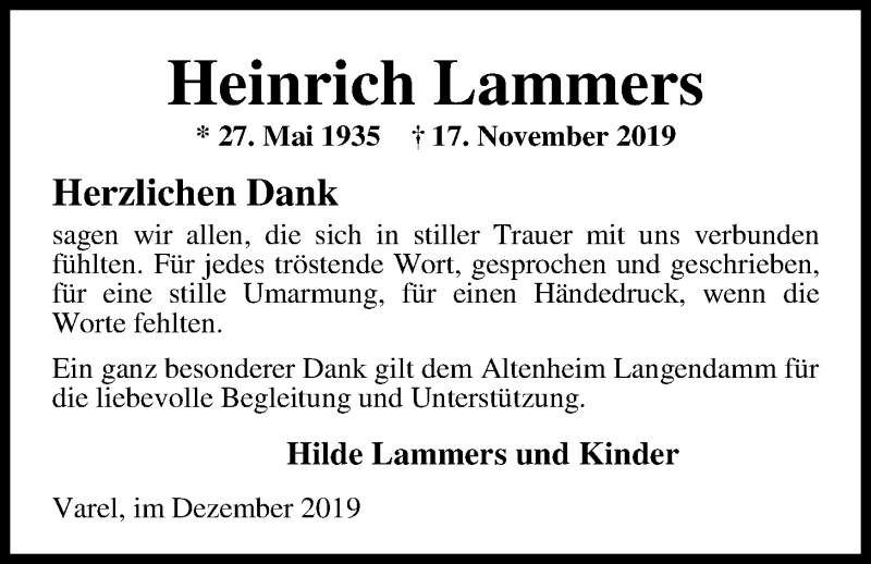  Traueranzeige für Heinrich Lammers vom 21.12.2019 aus Nordwest-Zeitung
