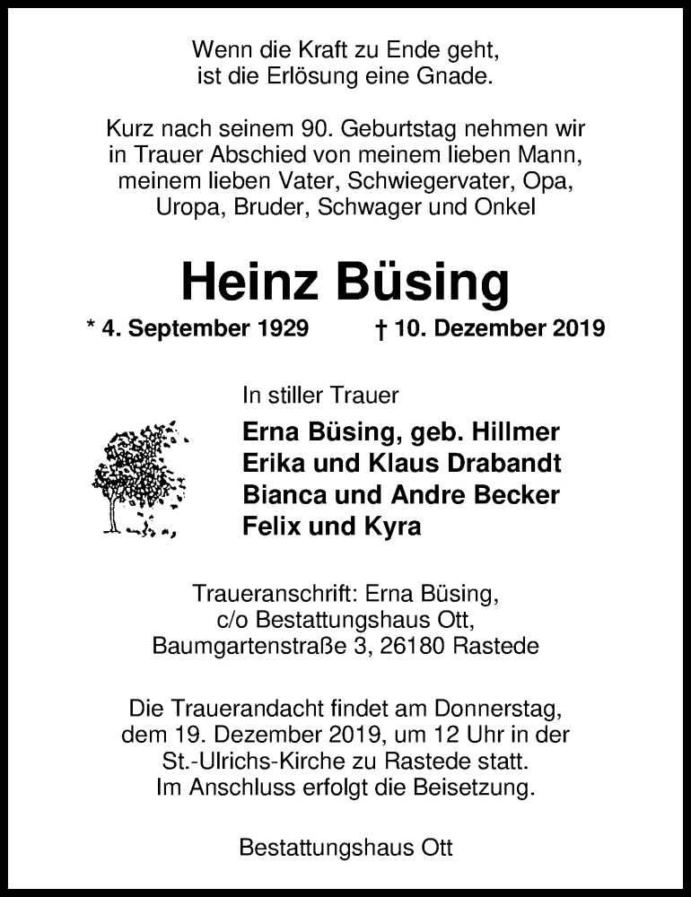 Traueranzeige für Heinz Büsing vom 14.12.2019 aus Nordwest-Zeitung