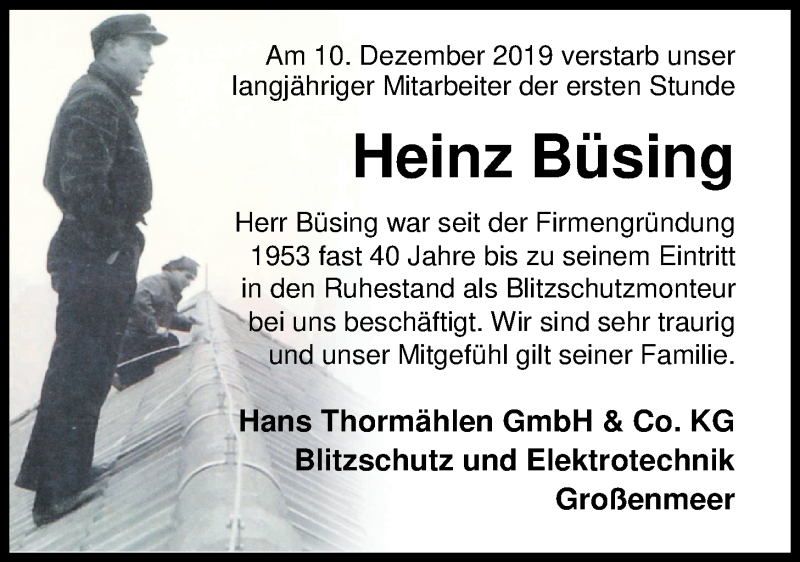  Traueranzeige für Heinz Büsing vom 14.12.2019 aus Nordwest-Zeitung