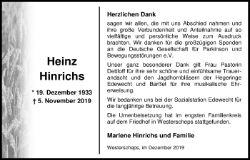 Traueranzeige von Heinz Hinrichs von Nordwest-Zeitung