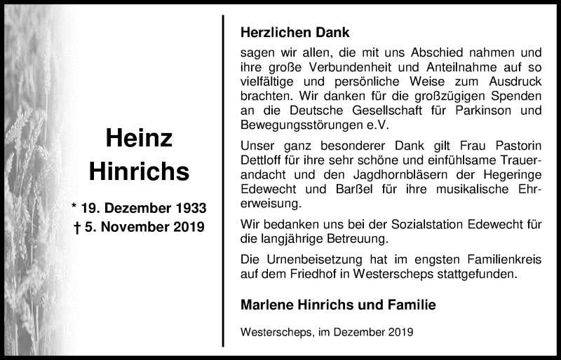 Traueranzeige für Heinz Hinrichs vom 21.12.2019 aus Nordwest-Zeitung