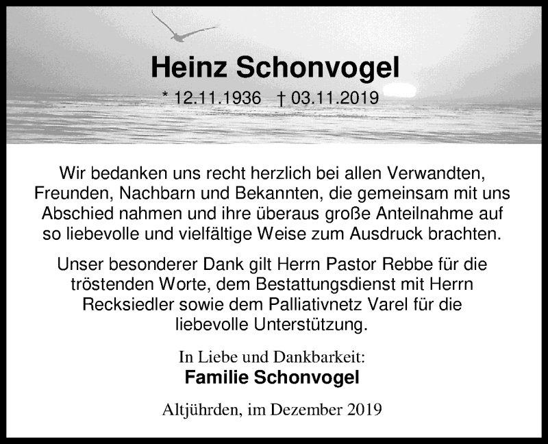  Traueranzeige für Heinz Schonvogel vom 14.12.2019 aus Nordwest-Zeitung