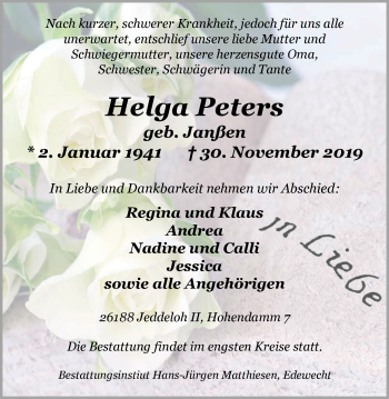 Traueranzeige von Helga Peters von Nordwest-Zeitung