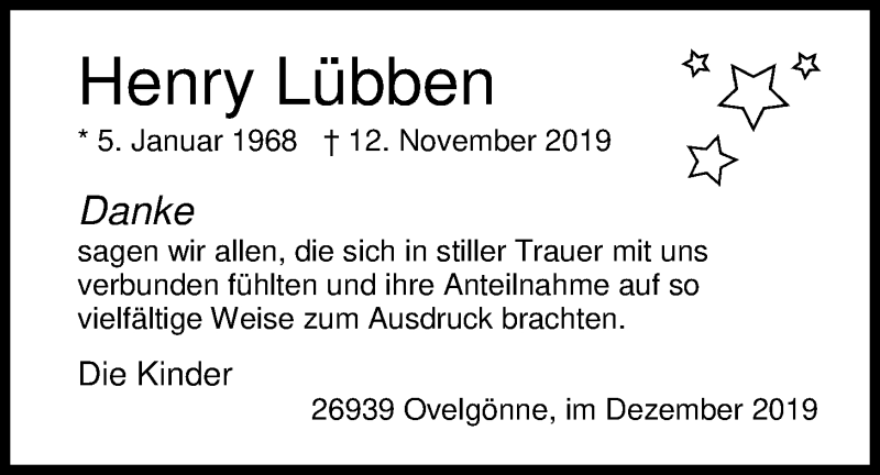 Traueranzeige für Henry Lübben vom 24.12.2019 aus Nordwest-Zeitung