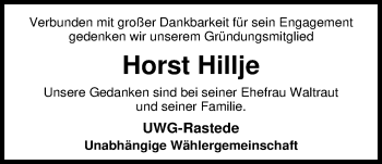 Traueranzeige von Horst Hillje von Nordwest-Zeitung