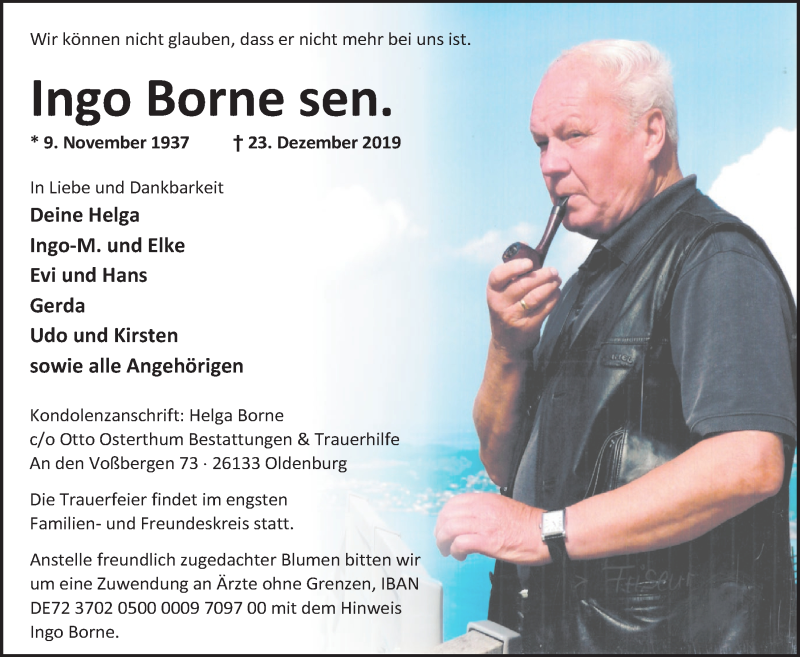  Traueranzeige für Ingo Borne vom 30.12.2019 aus Nordwest-Zeitung