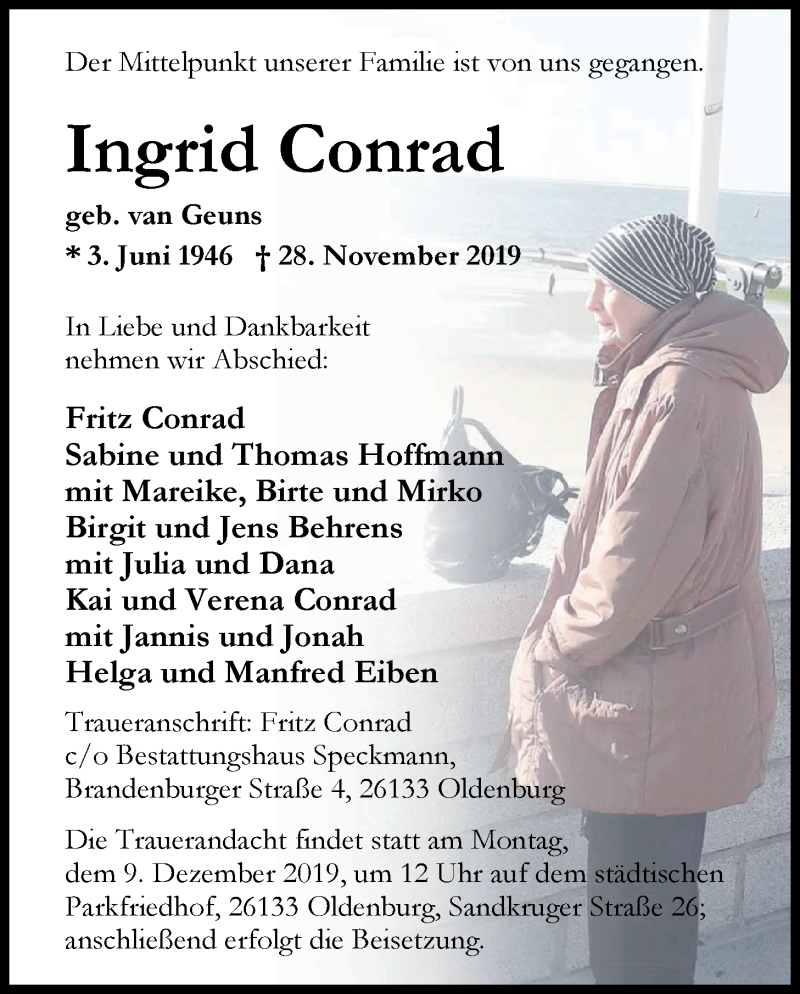  Traueranzeige für Ingrid Conrad vom 30.11.2019 aus Nordwest-Zeitung