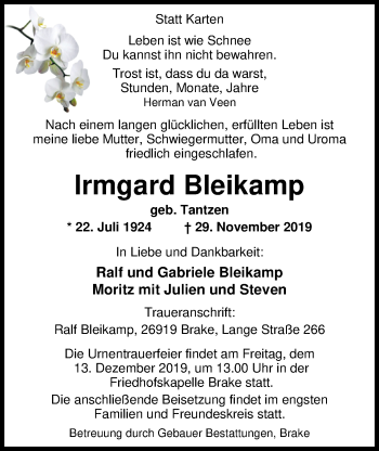 Traueranzeige von Irmgard Bleikamp von Nordwest-Zeitung