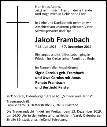 Traueranzeige von Jakob Frambach von Nordwest-Zeitung