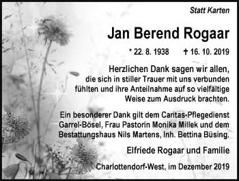 Traueranzeige von Jan Berend Rogaar von Nordwest-Zeitung
