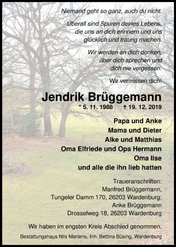 Traueranzeige von Jendrik Brüggemann von Nordwest-Zeitung