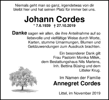 Traueranzeige von Johann Cordes von Nordwest-Zeitung