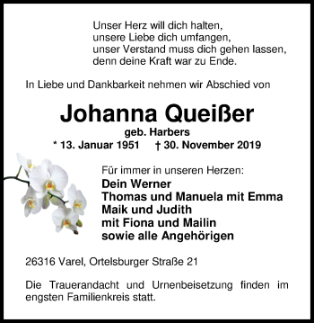 Traueranzeige von Johanna Queißer von Nordwest-Zeitung