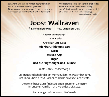 Traueranzeige von Joost Wallraven von Nordwest-Zeitung