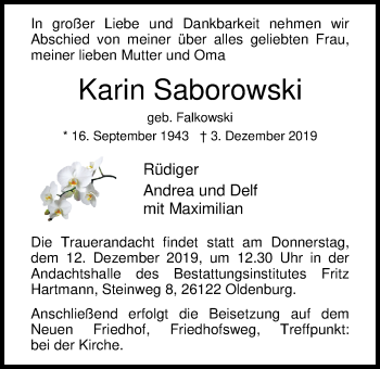 Traueranzeige von Karin Saborowski von Nordwest-Zeitung