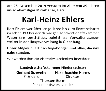 Traueranzeige von Karl-Heinz Ehlers von Nordwest-Zeitung