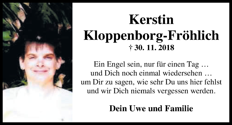  Traueranzeige für Kerstin Kloppenborg-Fröhlich vom 30.11.2019 aus Nordwest-Zeitung