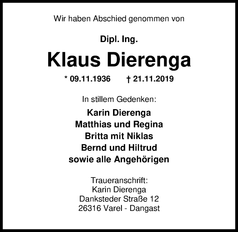  Traueranzeige für Klaus Dierenga vom 30.11.2019 aus Nordwest-Zeitung