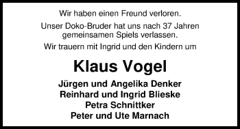 Traueranzeige von Klaus Vogel von Nordwest-Zeitung