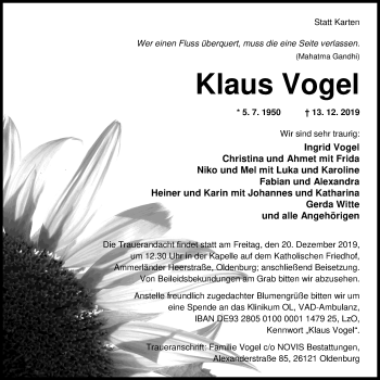 Traueranzeige von Klaus Vogel von Nordwest-Zeitung