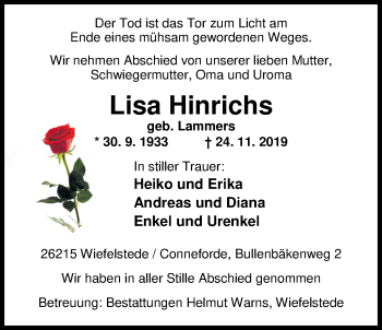 Traueranzeige von Lisa Hinrichs von Nordwest-Zeitung