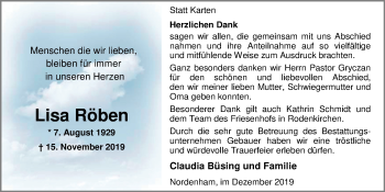 Traueranzeige von Lisa Röben von Nordwest-Zeitung