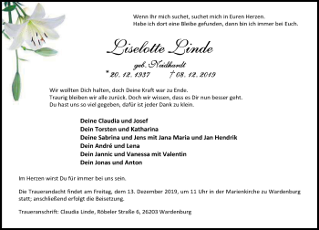 Traueranzeige von Liselotte Linde von Nordwest-Zeitung