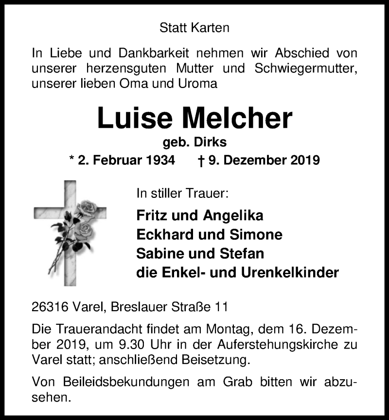  Traueranzeige für Luise Melcher vom 12.12.2019 aus Nordwest-Zeitung