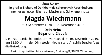 Traueranzeige von Magda Wiechmann von Nordwest-Zeitung